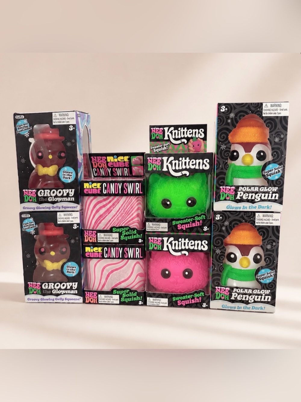 Christmas Needoh Penguin Groovy the Glowman Candy Swirl Cube Knittens
